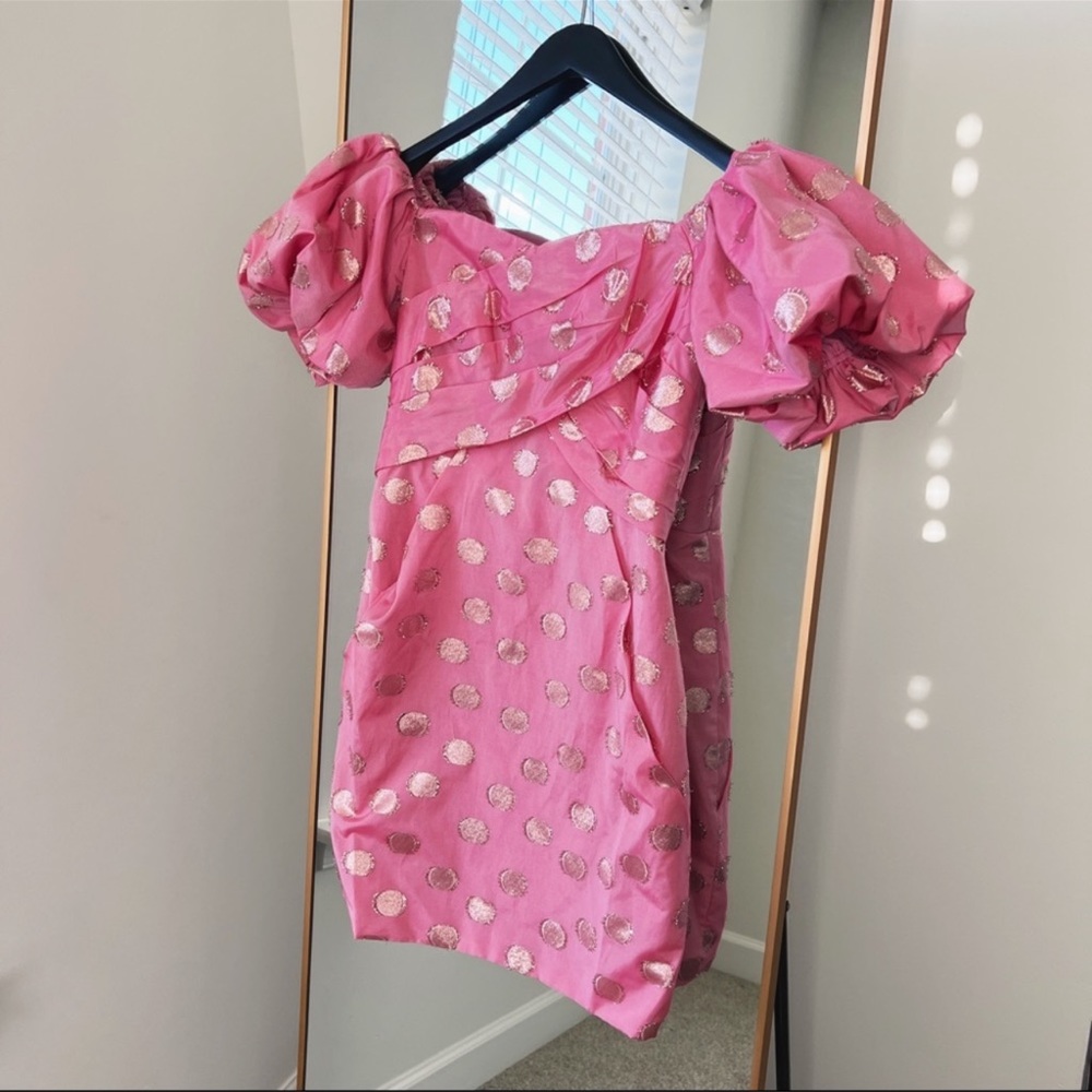 Monique Lhuillier Pink Polka-dot Off Shoulder Mini Party
